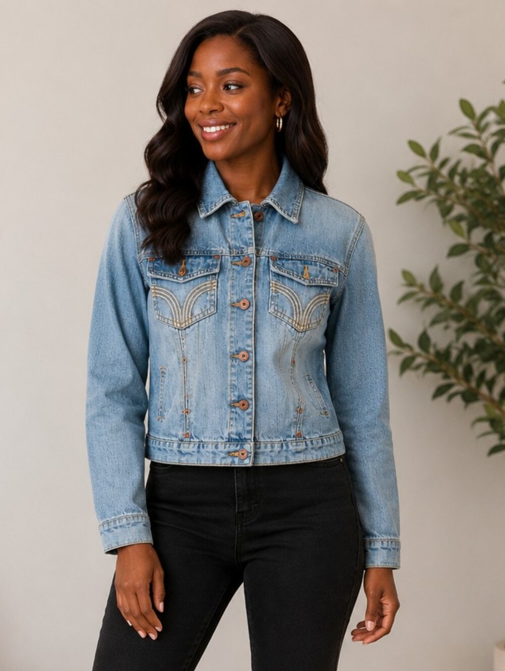 Light Wash Women's Denim Jacket with Contrast Stitching